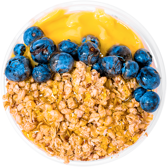 Our perfect granola, honey, and blueberry smoothie toppers. 