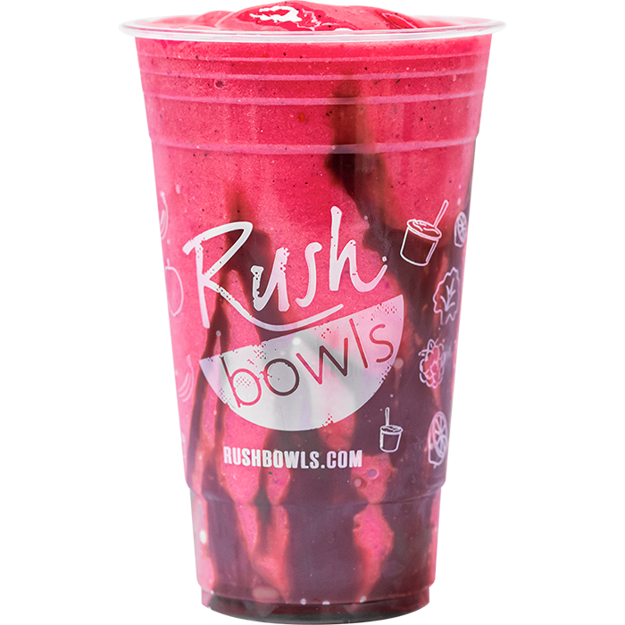 Dark pink smoothie flavored with strawberry, pitaya, chocolate sauce and much more. 