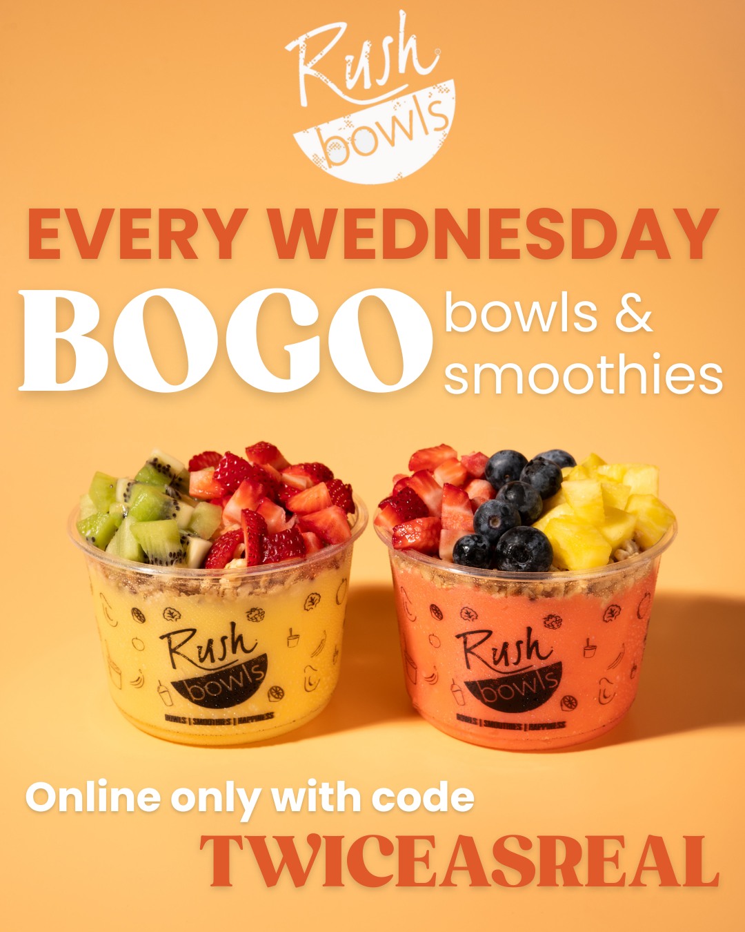Every Wednesday = BOGO 🤝
Order online and use code TWICEASREAL to get a second bowl FREE.
Midweek wins taste better 😎✨