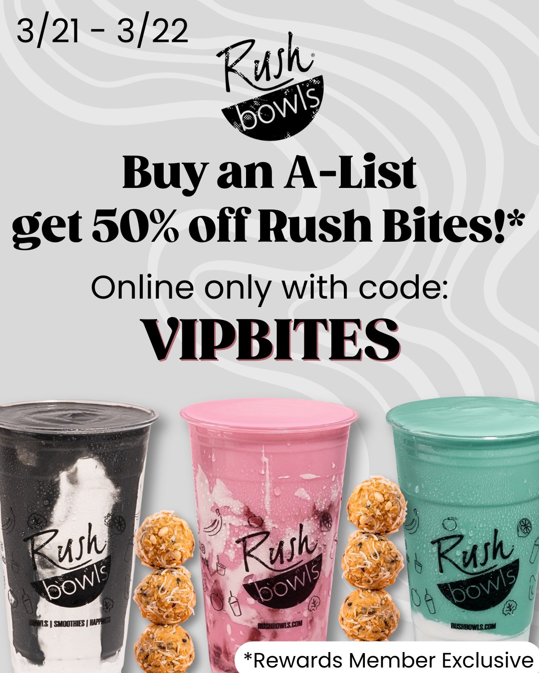 The ultimate combo deal 👀
Buy an A-List and get 50% OFF Rush Bites.

💻 Online only, rewards members exclusive

