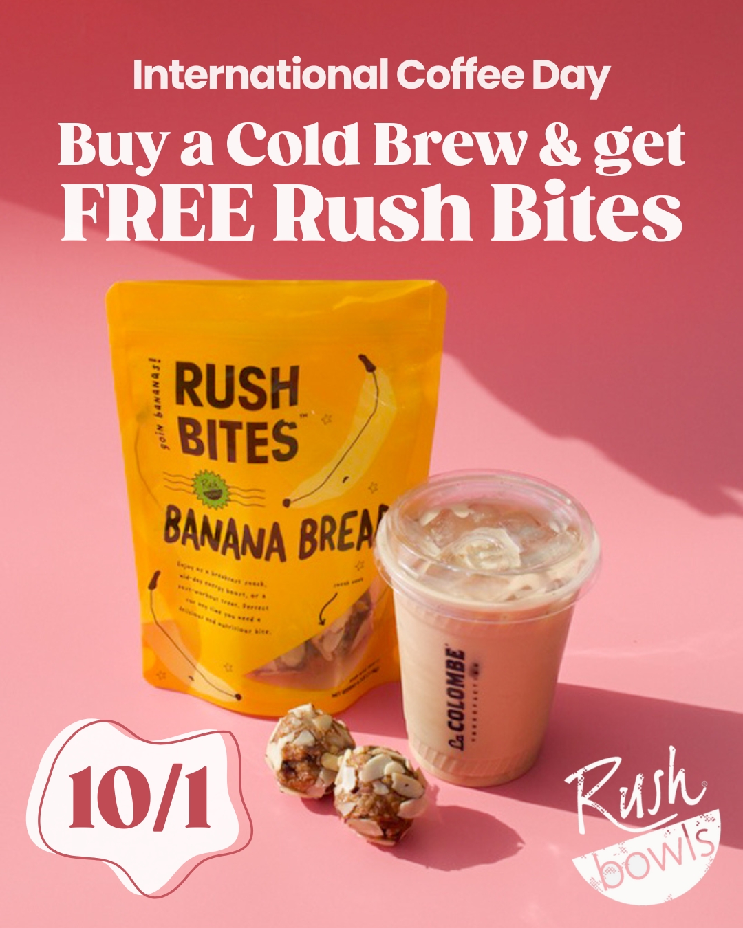 Celebrate the Rush way. Visit us in-store tomorrow for a free bag of Rush Bites with the purchase of any Cold Brew ☕