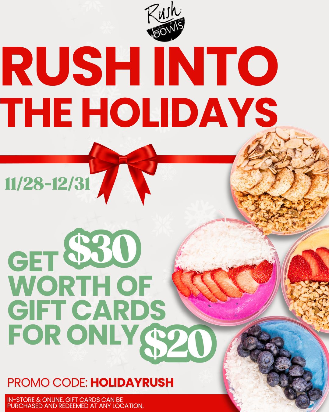 🎁 Rush into the holidays with a sweet deal! 
Get $30 in gift cards for only $20 with code HOLIDAYRUSH. 
Available online & in-store, redeemable at any location. 
🗓️ Nov 28–Dec 31 

