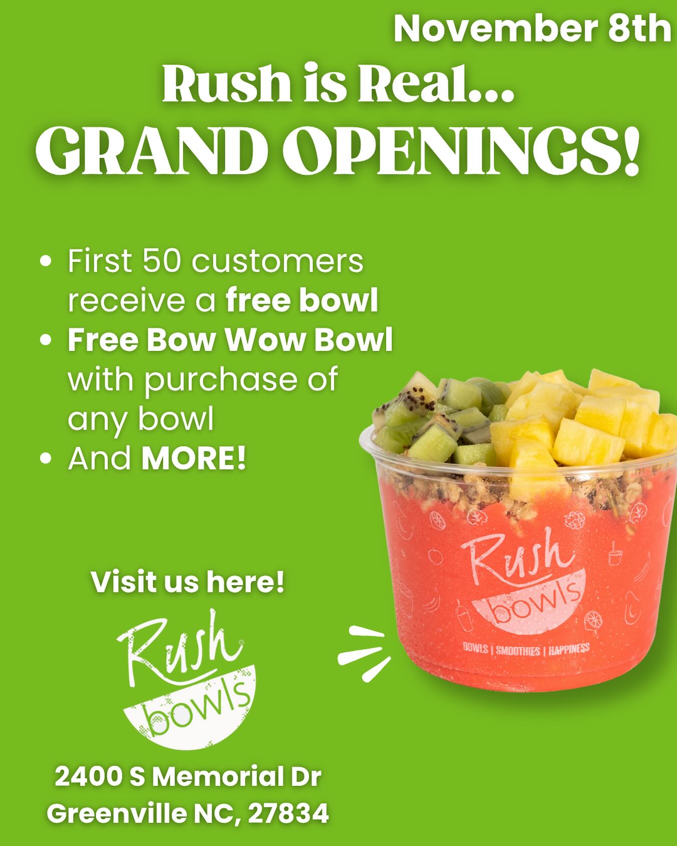 🎉 GRAND OPENING! 🎉

We’re officially opening our doors in Greenville, NC on November 8th and you’re invited to celebrate with us! 

Bring your friends, your appetite, and come see what the Rush is all about! 💚

📍2400 S Memorial Dr, Greenville NC 27834

