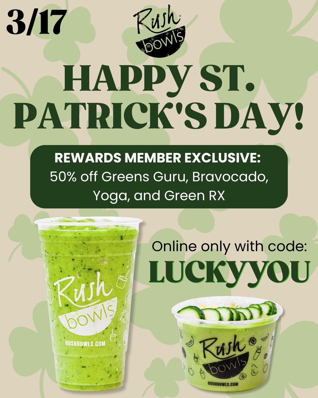 Feeling lucky? You should be 🍀
Get 50% OFF Greens Guru, Bravocado, Yoga & Greens RX.

💻 Online only, rewards member exclusive (remember to be signed in!)

