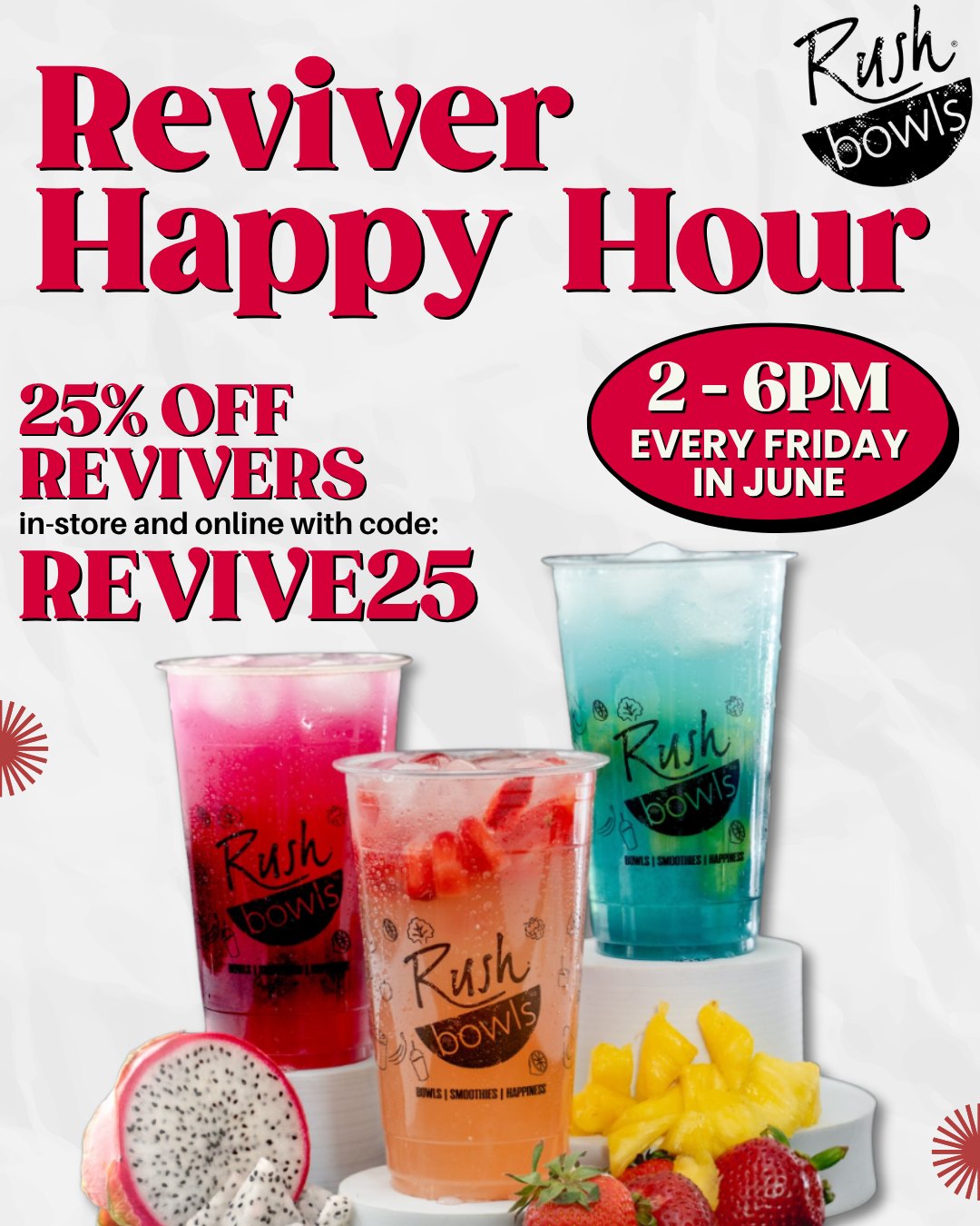 Your Friday afternoon just got significantly hotter. 🔥🔥🔥

Every Friday in June, rush revivers are 25% off from 2pm - 6pm online and in store! So whether you’re heading to the gym, the beach, work, or just driving around pretending your errands are fun… 

Grab a reviver and use code ✨(REVIVE25) ✨ and if your Friday drink run is aesthetically pleasing (as it should be), tag us or use for a chance to be featured next week! 👀👀👀

