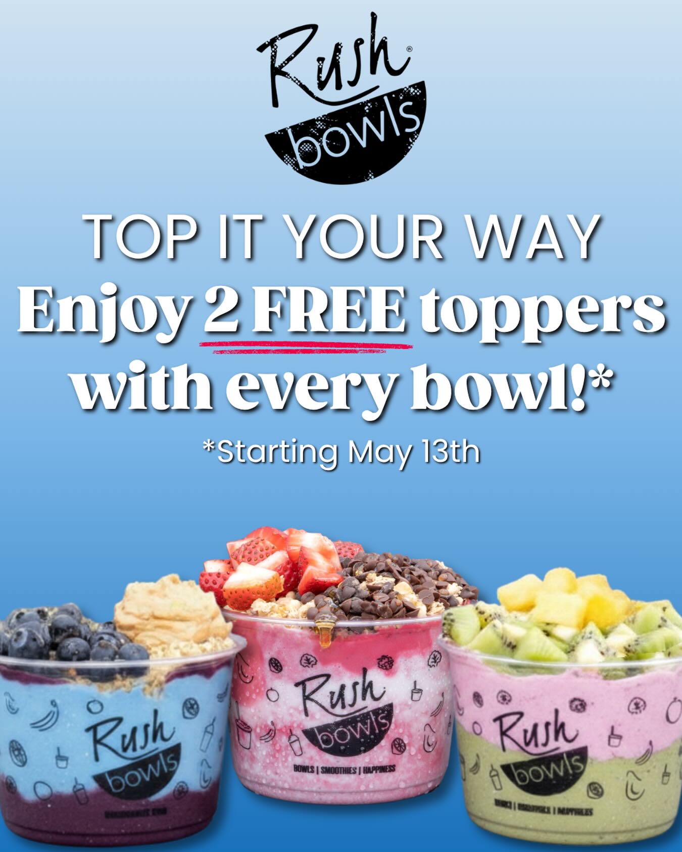 A little extra never hurt 😉 
Every bowl now comes standard with granola, honey + TWO FREE toppers of your choice!