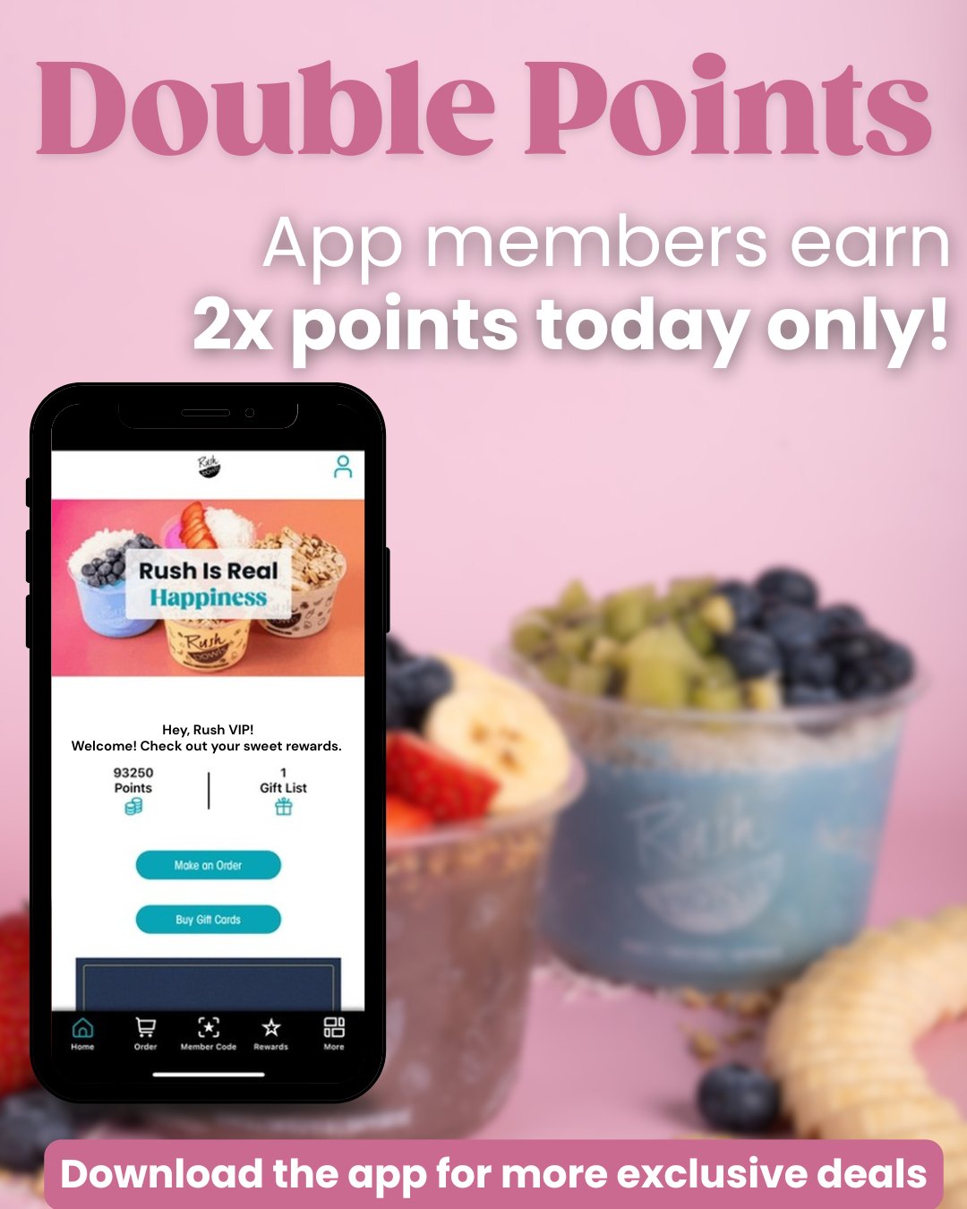Double the points, double the vibes 😎✨
Today, app members earn 2x points all day long.
Sign in + treat yourself.