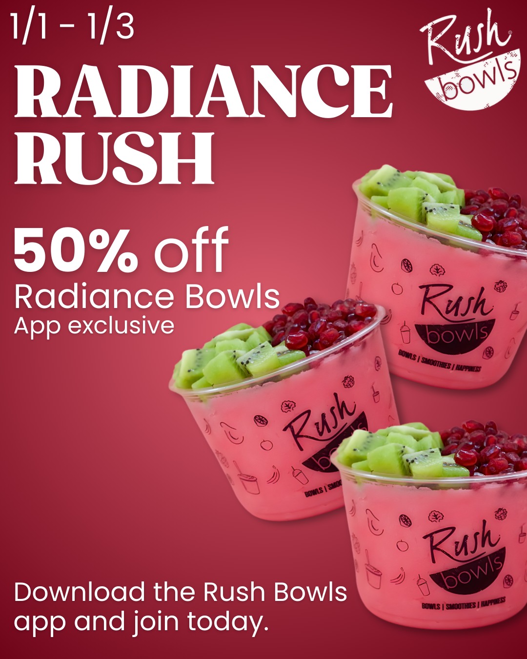 Radiance Rush is HERE ✨
Kick off the new year with 50% off Radiance Bowls from 1/1–1/3!
App members only, just sign in and shine on. 🌟