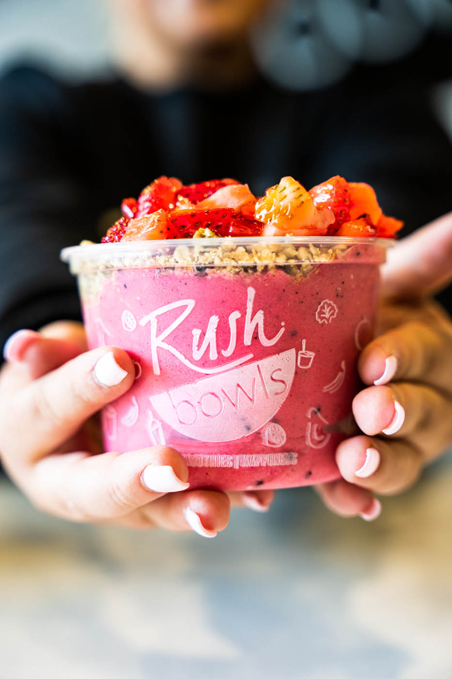 A close up shot of a Rush Bowls smoothie bowl - get the best of juice bar & smoothie bowl franchises by partnering with Rush Bowls!