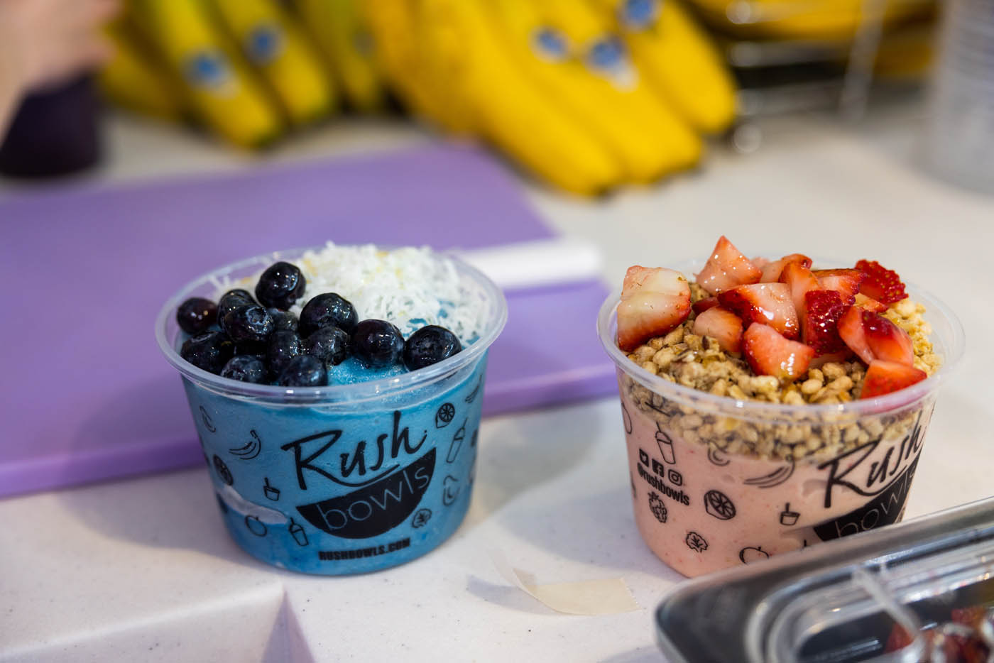 Two different smoothie bowls that are offered at Rush Bowls - a healthy food franchise thats in high demand nationwide!