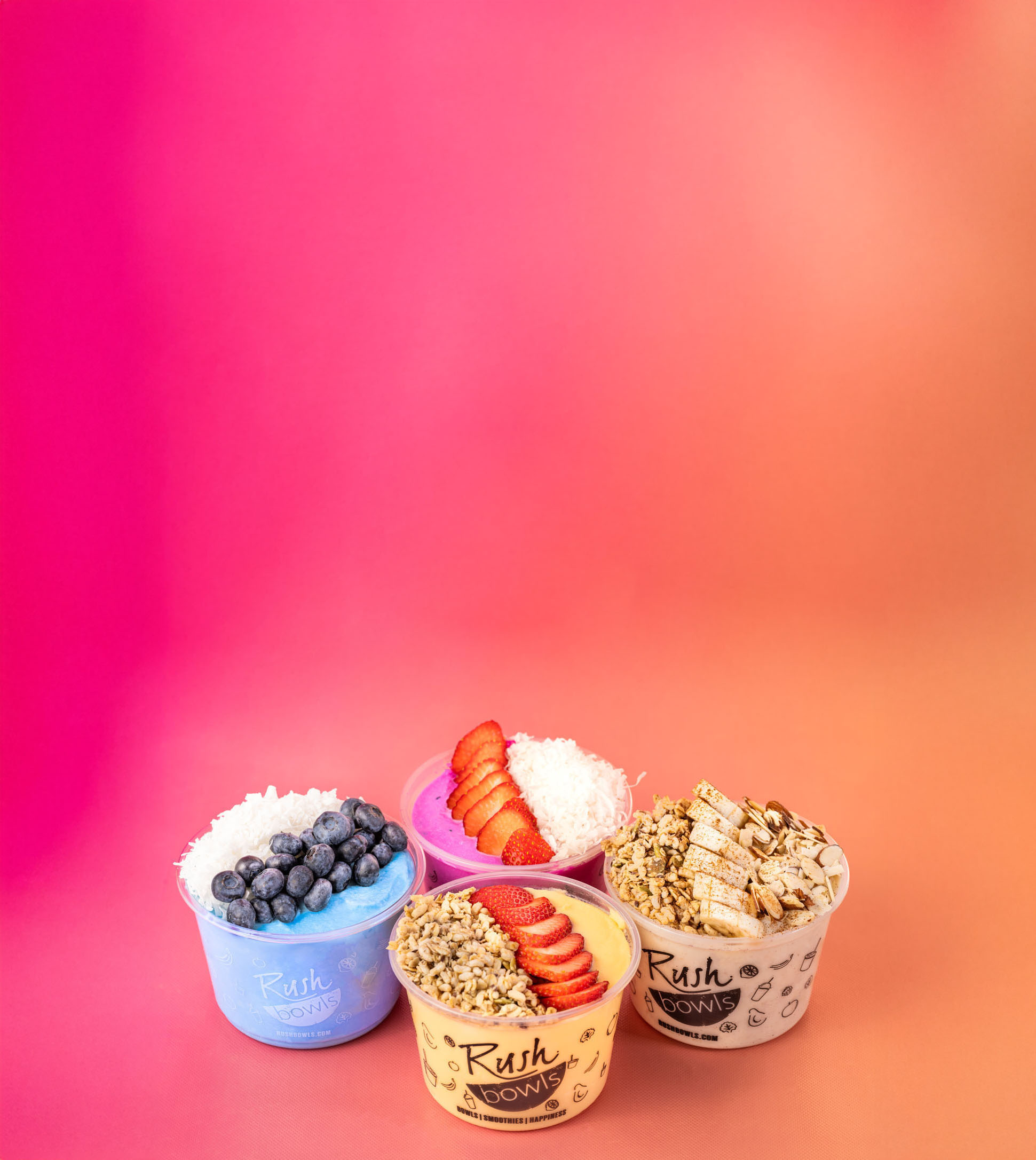 A selection of Rush Bowls's delicious acai and smoothie bowls.