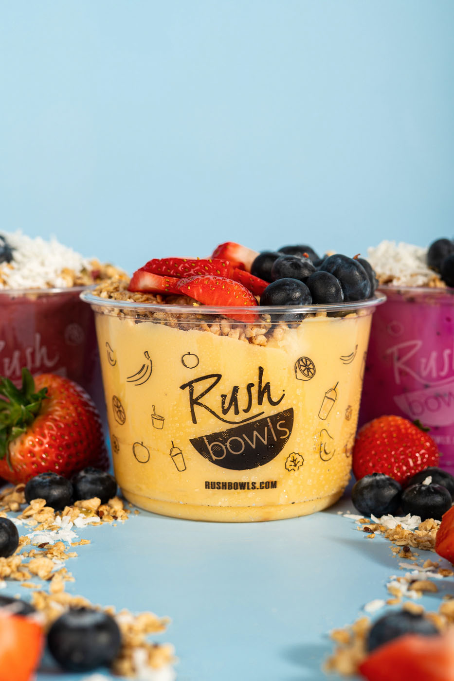 A mango smoothie bowl made by Rush Bowls for our signature smoothie bowl catering in Sandy Springs, GA.