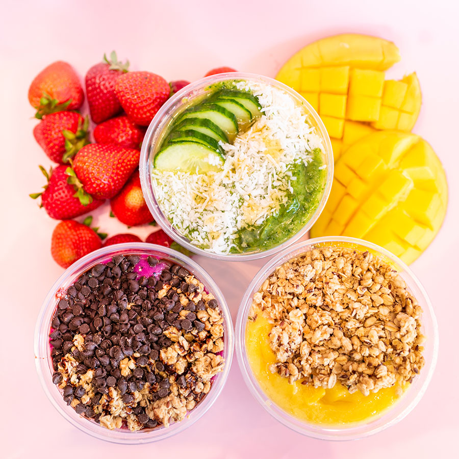 A picture of the ingrediants that go into Rush Bowls's customizable smoothie bowls.