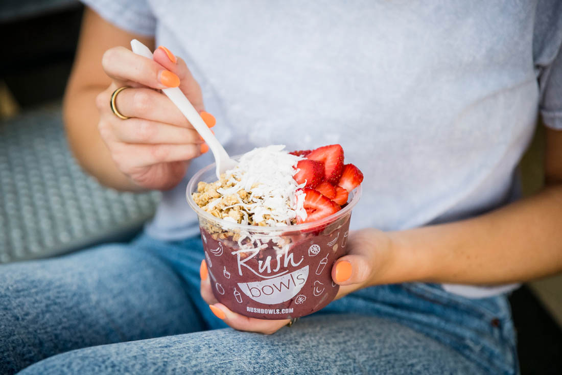 A delcious healthy smoothie bowl enjoyed by a Rush Bowls customer.