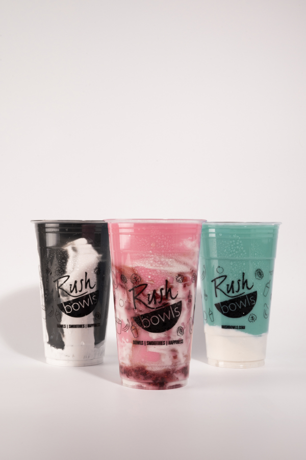 Rush Bowls's three A-List Blend smoothies - the Glow, the Nova, and the Icon - lined up in a row.