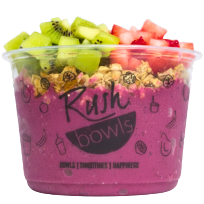 Dark pink Rush Bowls smoothie bowl with a delicious chocolate topping. 