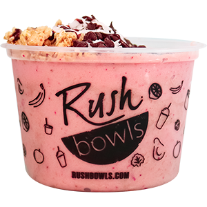 Our pink smoothie bowl with strawberry, banana, chocolate sauce flavoring.