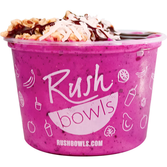 Dark pink Rush Bowls smoothie bowl with a delicious chocolate topping. 