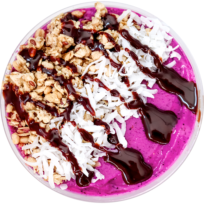 Granola, chocolate sauce, and coconut toppings on a smoothie bowl. 
