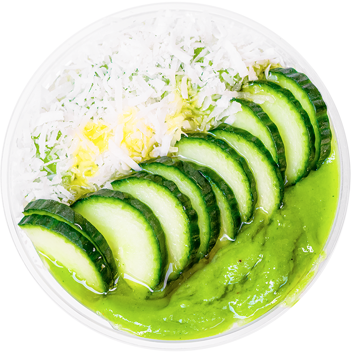 Fresh cucumber, coconut, and honey toppings on a smoothie bowl.