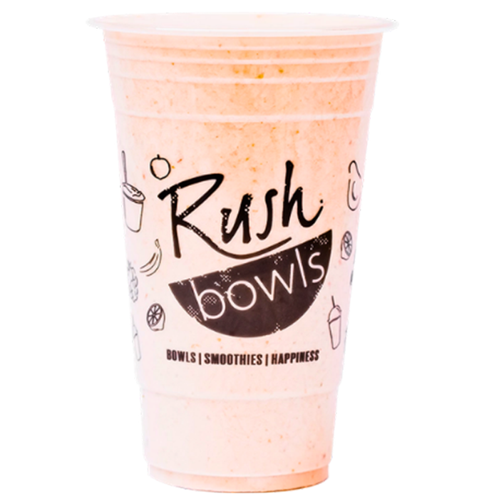 A light orange smoothie with graonal, peanut butter, and banana flavoring. 
