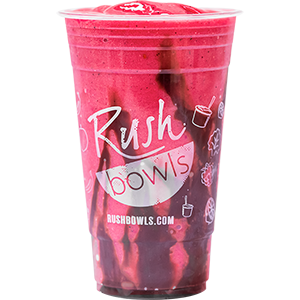 Dark pink smoothie flavored with strawberry, pitaya, chocolate sauce and much more. 