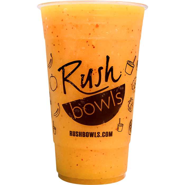 Our light orange smoothie with cayenne, mango, and strawberry flavoring is perfectly balanced. 